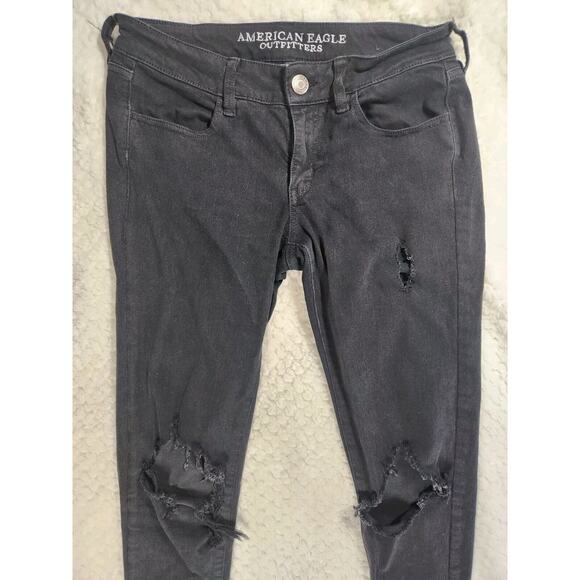 Sz 4 Black American Eagle Womens Jeans Size Four Regular Jegging Distressed - Picture 3 of 6